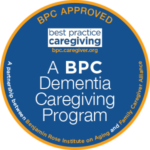 Round badge in blue and orange signifying a BPC dementia caregiving program